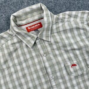 Simms Fishing Products Mens XL Plaid Pearl Snap Short Sleeve Vented Shirt Tan